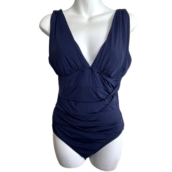 Garnet Hill Ruched One Piece Swimsuit Navy Blue Size 8 Flattering‎ Lined - Picture 1 of 7